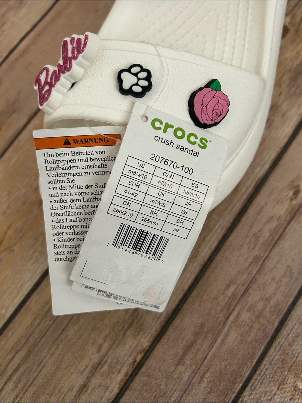 CROCS White Crush Sandal with Pink Rose, Barbie & Black Paw Charms | Size 10 - Picture 9 of 10